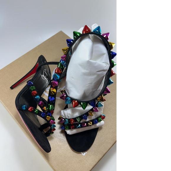 Black Rainbow Multi 100mm Spike Spikita Studded Suede Sandals E536 - Picture 11 of 12